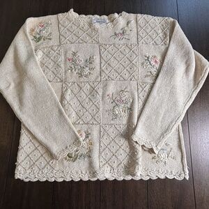 Vintage Jeremy Beau Lace Trim Floral Needlepoint Cottage Core Pearls Women's M